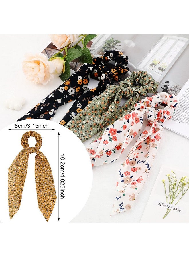 10 Pcs Hair Scarf Hair Scrunchies With Ribbon Chiffon Floral Hair Scarves Boho Elastic Floral Bow Hair Ties 2 In 1 Vintage Hair Accessories For Women Girls