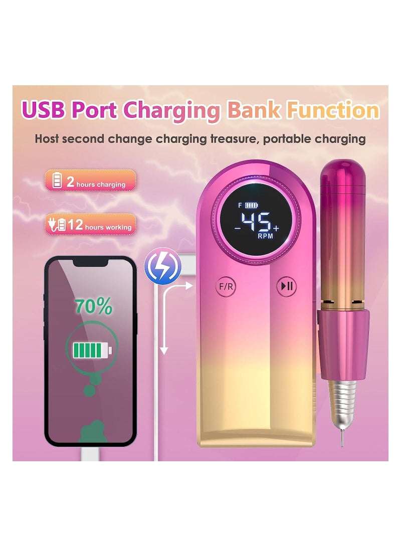 Electric Nail Drill Machine, 35000RPM Electric Portable Professional Nail File Kit, Rechargeable Professional Nail Drill for Acrylic Nails, Pink-Blue
