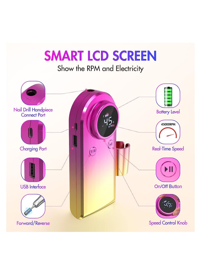 Electric Nail Drill Machine, 35000RPM Electric Portable Professional Nail File Kit, Rechargeable Professional Nail Drill for Acrylic Nails, Pink-Blue