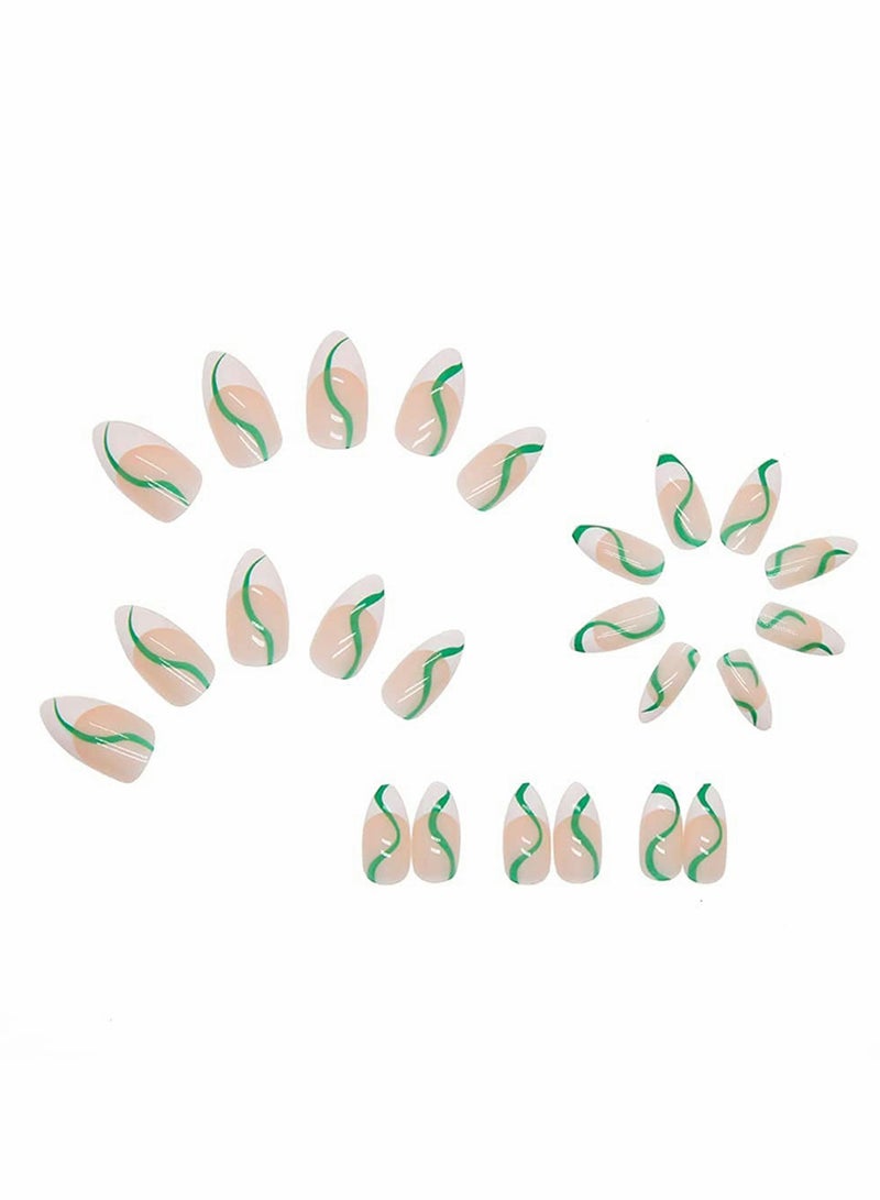 24 Pcs Almond French Nails Cute Maiden Medium Length Stick on Nails Nude White Stripes Acrylic Nails Press on Green Swirl Artificial Nails Abstract Nail Art Tips for Women and Girls