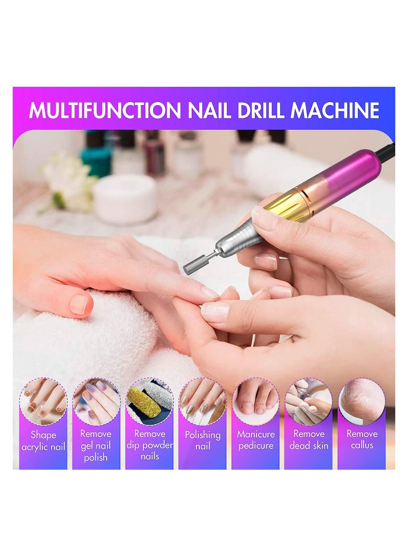 Electric Nail Drill Machine, 35000RPM Electric Portable Professional Nail File Kit, Rechargeable Professional Nail Drill for Acrylic Nails, Pink-Blue