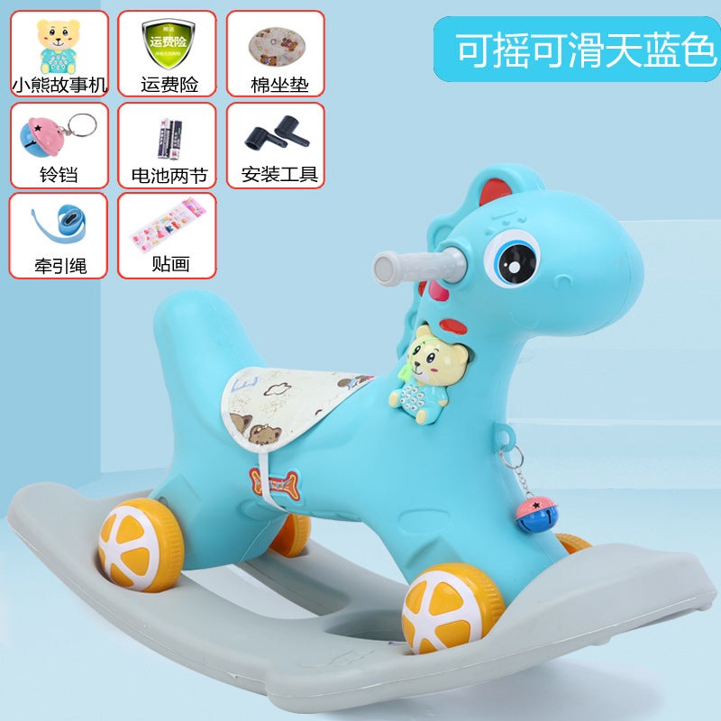 2-in-1 Wooden Rocking Horse Baby Walker Blue Pony + Music + rocking board