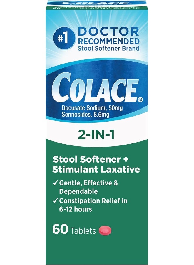 2-In-1 Stool Softener & Stimulant Laxative Tablets 60 Count Gentle Constipation Relief In 6-12 Hours