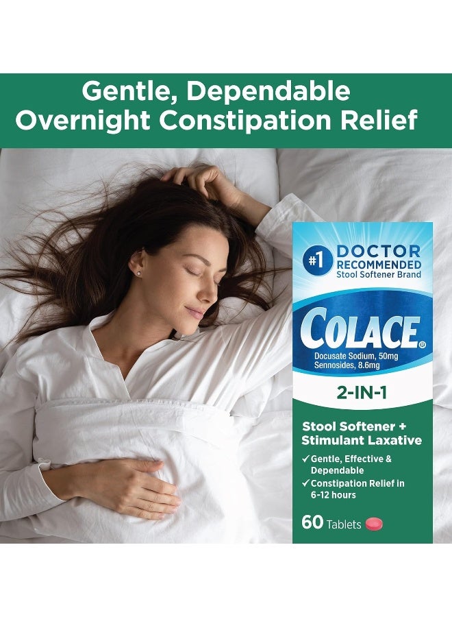 2-In-1 Stool Softener & Stimulant Laxative Tablets 60 Count Gentle Constipation Relief In 6-12 Hours