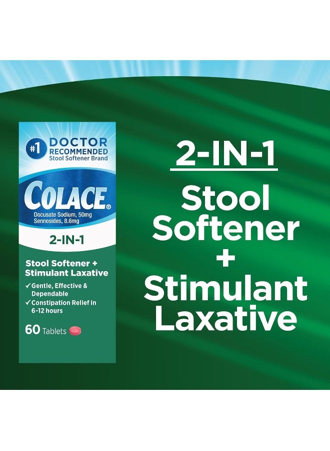 2-In-1 Stool Softener & Stimulant Laxative Tablets 60 Count Gentle Constipation Relief In 6-12 Hours