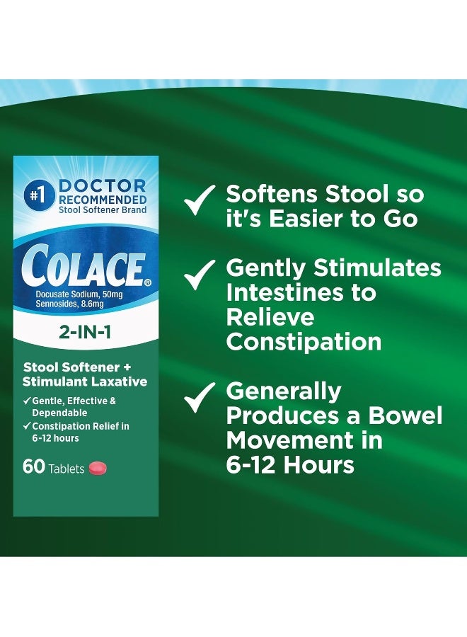 2-In-1 Stool Softener & Stimulant Laxative Tablets 60 Count Gentle Constipation Relief In 6-12 Hours