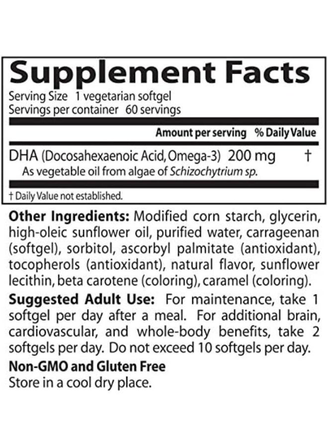 Vegetarian Dha From Algae Non-Gmo Vegan Gluten Free 200 Mg 60 Count