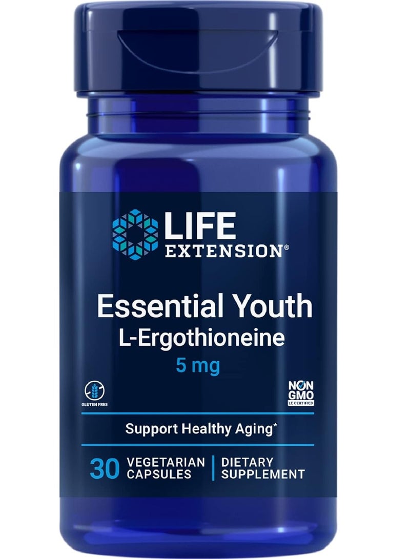 Essential Youth L-Ergothioneine – Promotes Longevity & Healthy Aging – Gluten-Free – Non-GMO – Vegetarian – 5 mg – 30 Vegetarian Capsules