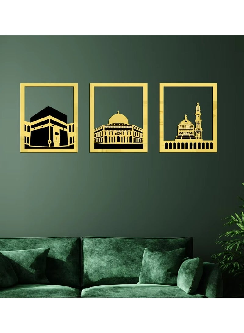 Islamic Wall Art Elegant Gold Set of Masjid Al Haram Masjid  Al Aqsa  Masjid An Nabawi Three Most Sacred Places Meaningful Muslim Gift with Shiny Mirror Effect