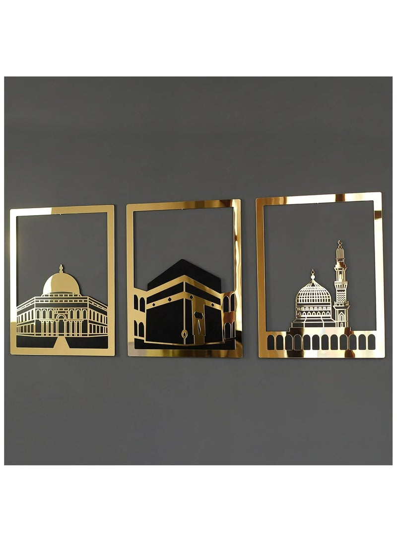 Islamic Wall Art Elegant Gold Set of Masjid Al Haram Masjid  Al Aqsa  Masjid An Nabawi Three Most Sacred Places Meaningful Muslim Gift with Shiny Mirror Effect