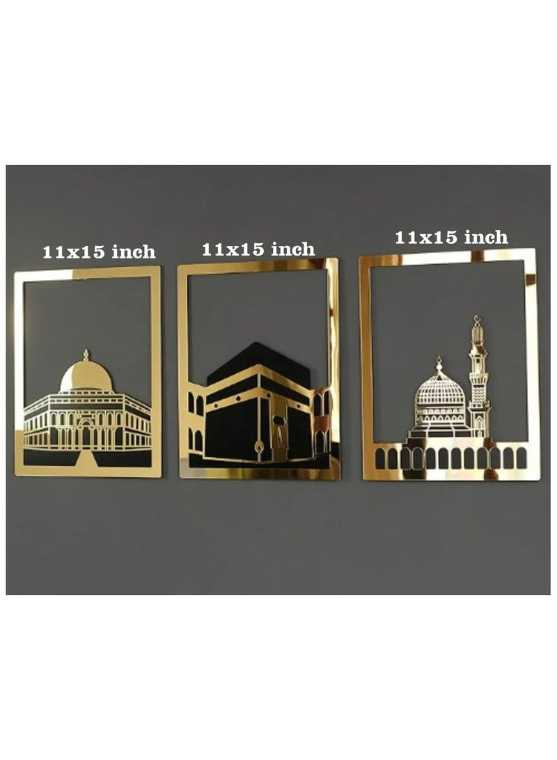 Islamic Wall Art Elegant Gold Set of Masjid Al Haram Masjid  Al Aqsa  Masjid An Nabawi Three Most Sacred Places Meaningful Muslim Gift with Shiny Mirror Effect