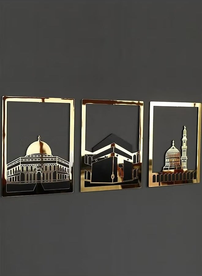 Islamic Wall Art Elegant Gold Set of Masjid Al Haram Masjid  Al Aqsa  Masjid An Nabawi Three Most Sacred Places Meaningful Muslim Gift with Shiny Mirror Effect