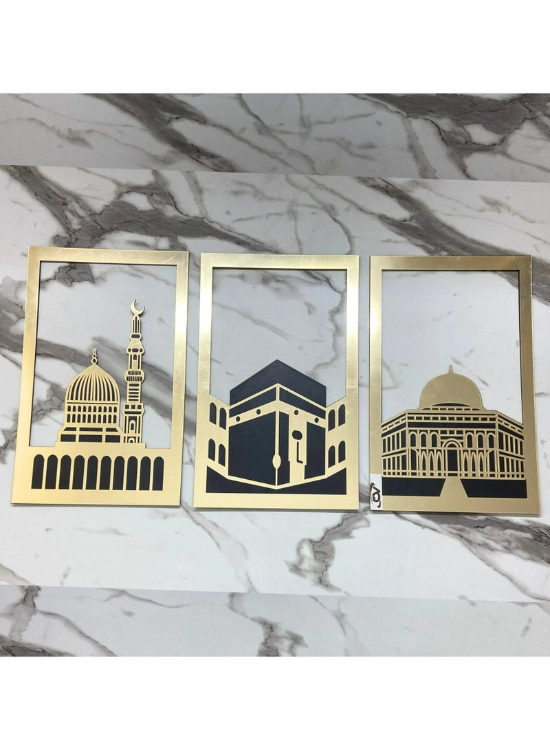 Islamic Wall Art Elegant Gold Set of Masjid Al Haram Masjid  Al Aqsa  Masjid An Nabawi Three Most Sacred Places Meaningful Muslim Gift with Shiny Mirror Effect