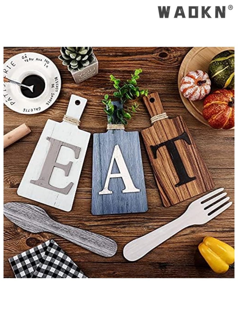 3 PCS Cutting Board Eat Sign Set Wall Decoration Hanging Wooden Letter Handicraft Signs Hanging Art Kitchen Fork and Spoon Wall Decor Rustic Primitive Country Farmhouse (Blue White Brown)