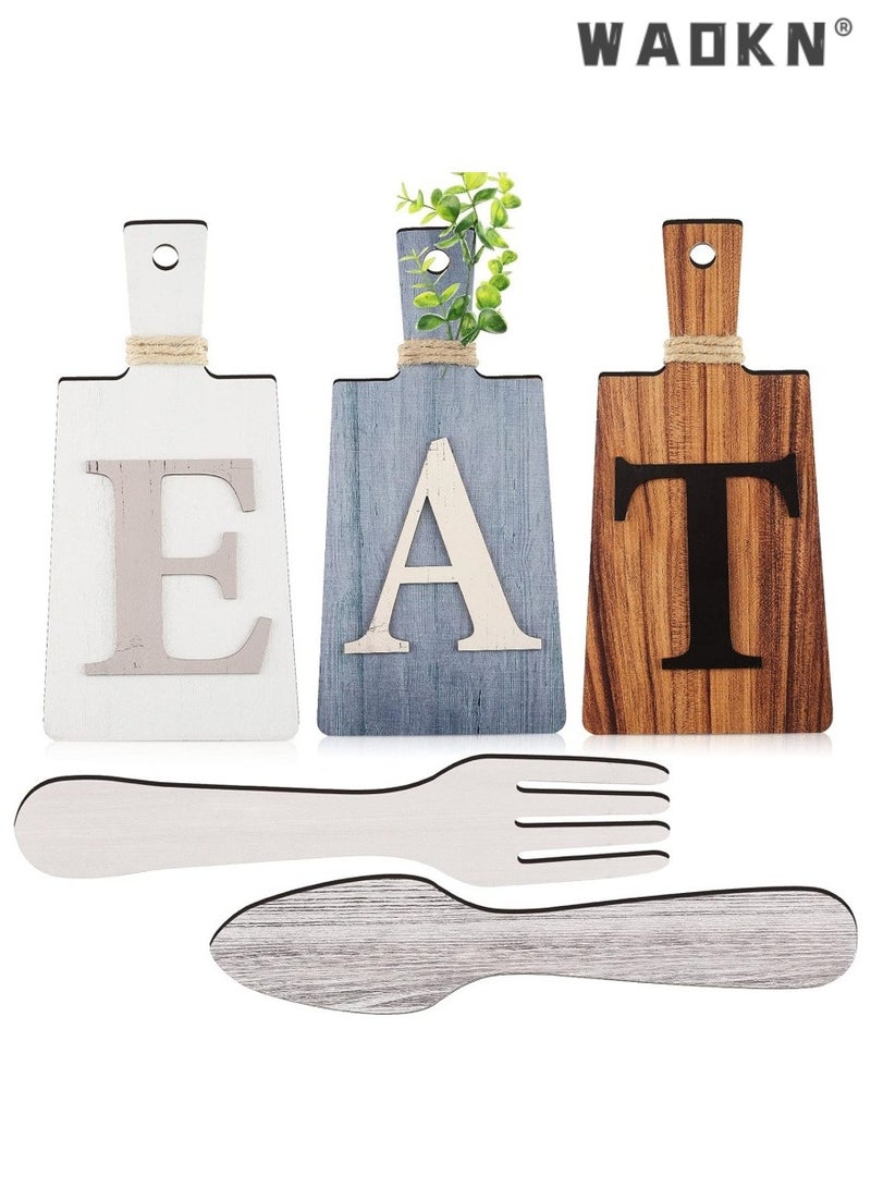 3 PCS Cutting Board Eat Sign Set Wall Decoration Hanging Wooden Letter Handicraft Signs Hanging Art Kitchen Fork and Spoon Wall Decor Rustic Primitive Country Farmhouse (Blue White Brown)