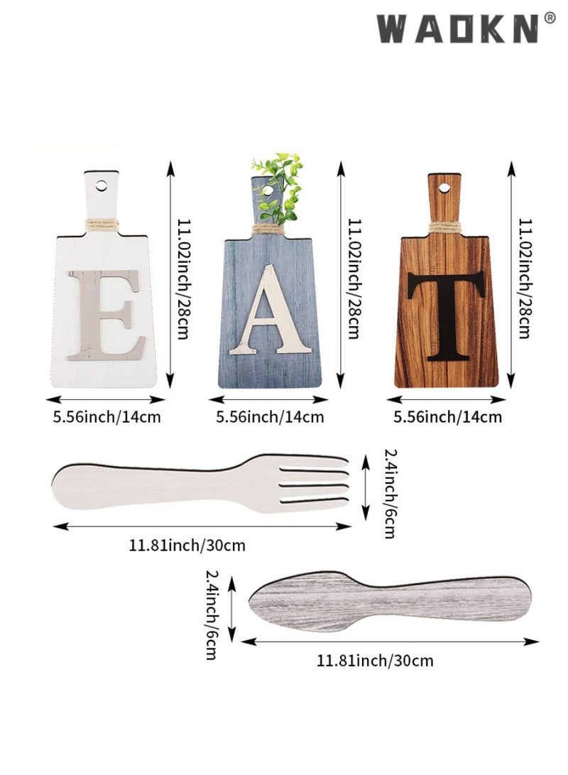 3 PCS Cutting Board Eat Sign Set Wall Decoration Hanging Wooden Letter Handicraft Signs Hanging Art Kitchen Fork and Spoon Wall Decor Rustic Primitive Country Farmhouse (Blue White Brown)