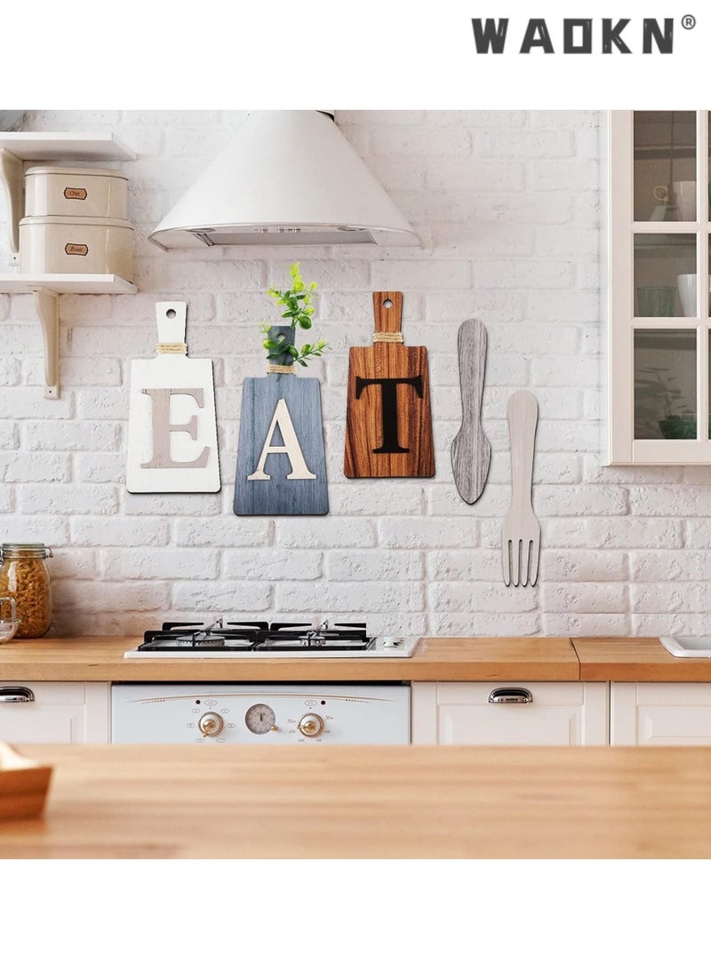 3 PCS Cutting Board Eat Sign Set Wall Decoration Hanging Wooden Letter Handicraft Signs Hanging Art Kitchen Fork and Spoon Wall Decor Rustic Primitive Country Farmhouse (Blue White Brown)