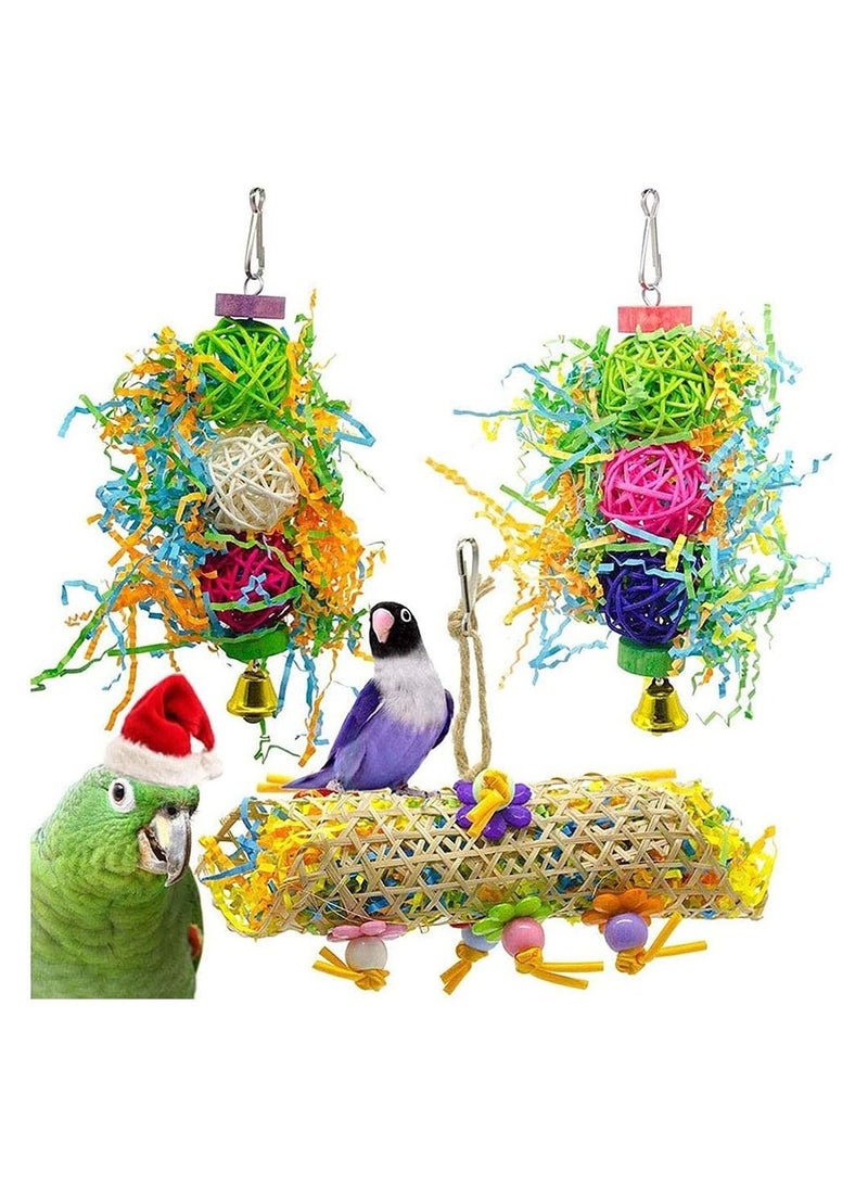 Bird Toys, Paper Strips Chew Toy for Pet Parrot, 3 Piece Set Cage Bird Bite Toy Foraging Shredded Paper Sepak Takraw Drawing Hanging Cockatoo Raw Bamboo Net Spider Bites Thread Grass Silk