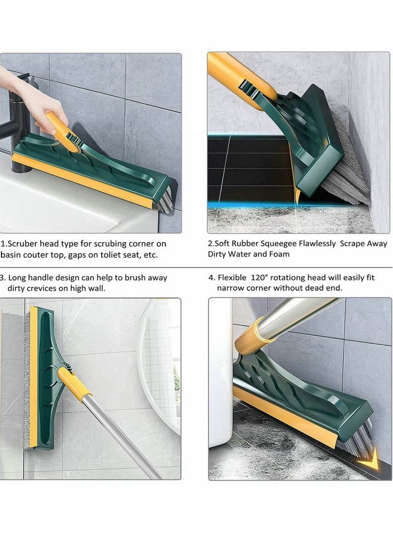 Floor Brush, 2 in 1 Scrubber with Long Handle Grout Brush Scrape Stiff Bristle Cleaning Scrub Squeegee 120°Rotating Tile for Bathroom Glass Patio Kitchen (Green)