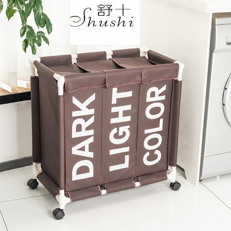 Simple Fashion 3-Section Laundry Basket with Wheels Coffee