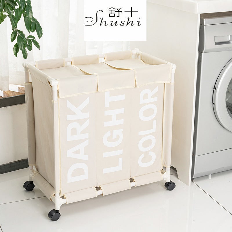 Simple Fashion 3-Section Laundry Basket with Wheels Beige White