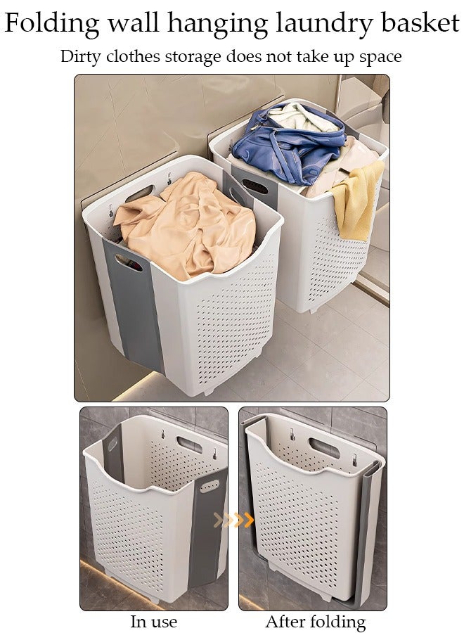 Large Foldable Laundry Basket with Handle, Wall Hanging Collapsible Handled Plastic Washing Clothes Laundry Bin Container, Multi purpose Organizer Storage Washing Basket for Home