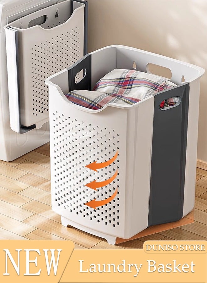 Large Foldable Laundry Basket with Handle, Wall Hanging Collapsible Handled Plastic Washing Clothes Laundry Bin Container, Multi purpose Organizer Storage Washing Basket for Home