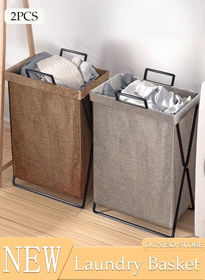 2 Pack Foldable Laundry Baskets With Stainless Steel Frame And Handle, Laundry Hamper Bag Washing Bin Clothes Bag Organizer Storage Wash Basket Hamper for Clothes Toys