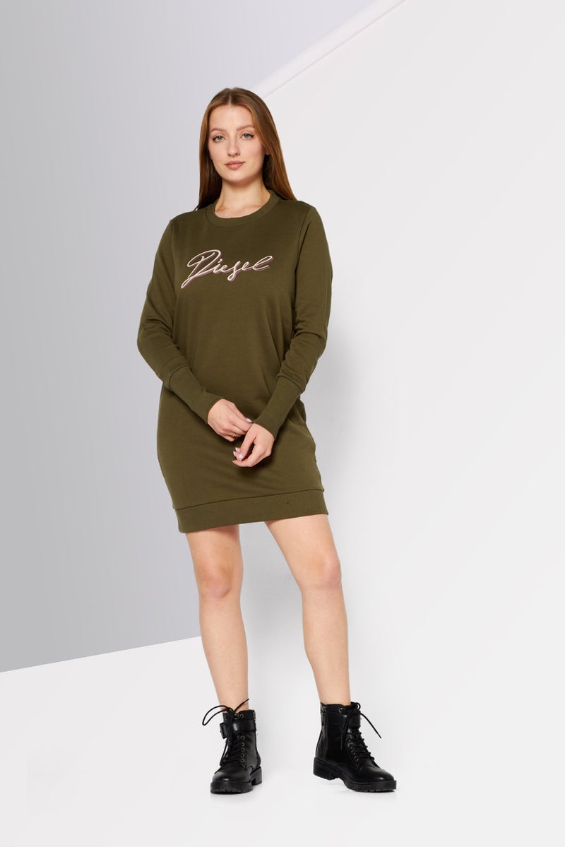 Women Crew Neck Long Sleeves Brand Logo Sweater Dress, Olive