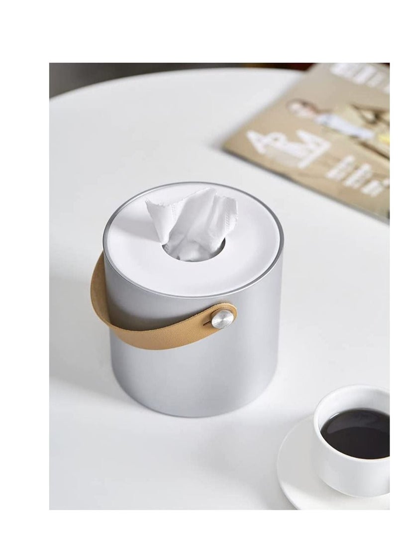 Tissue Box Holder Tissue Dispenser Modern Round Plastic Box Cover Napkin Organizer with Leather Handles for Bathroom Vanity Tops Dressers Bedside Tables Desks and Tables Silver