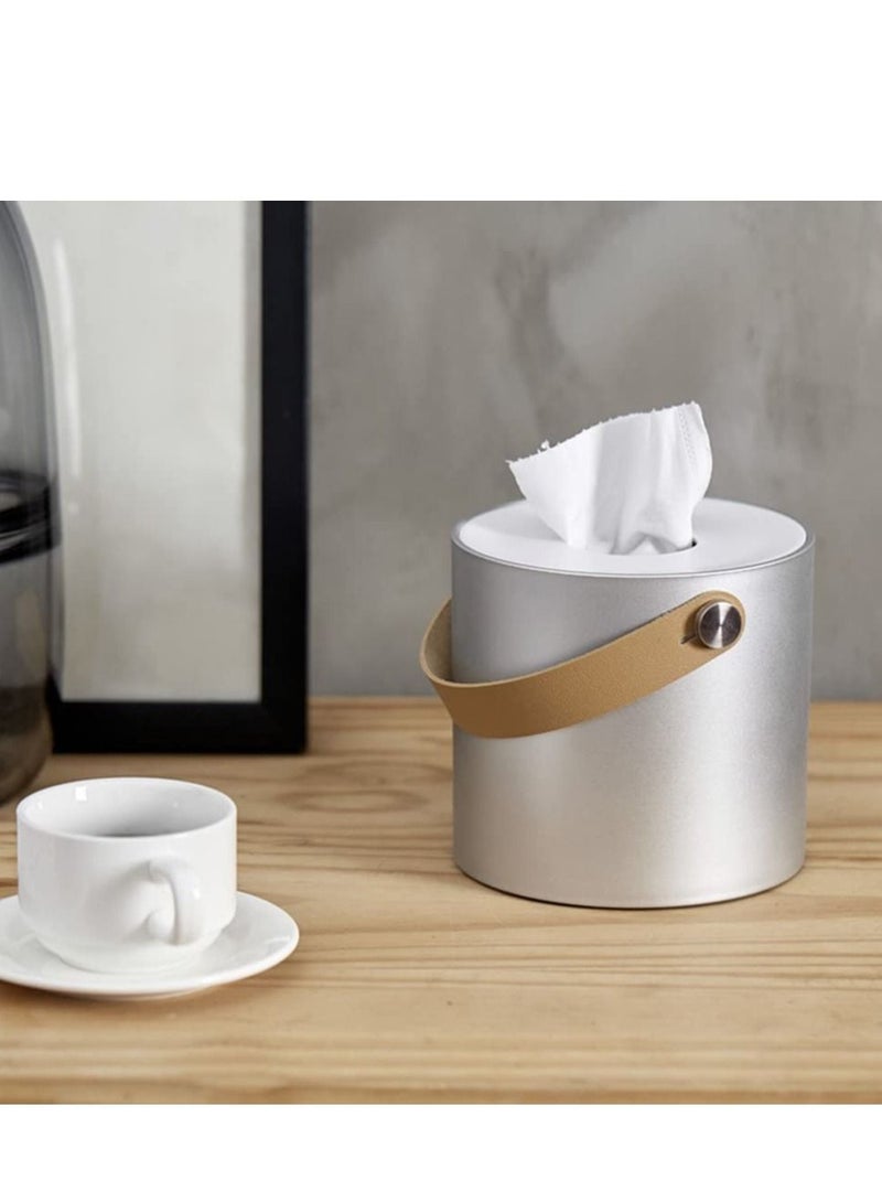 Tissue Box Holder Tissue Dispenser Modern Round Plastic Box Cover Napkin Organizer with Leather Handles for Bathroom Vanity Tops Dressers Bedside Tables Desks and Tables Silver