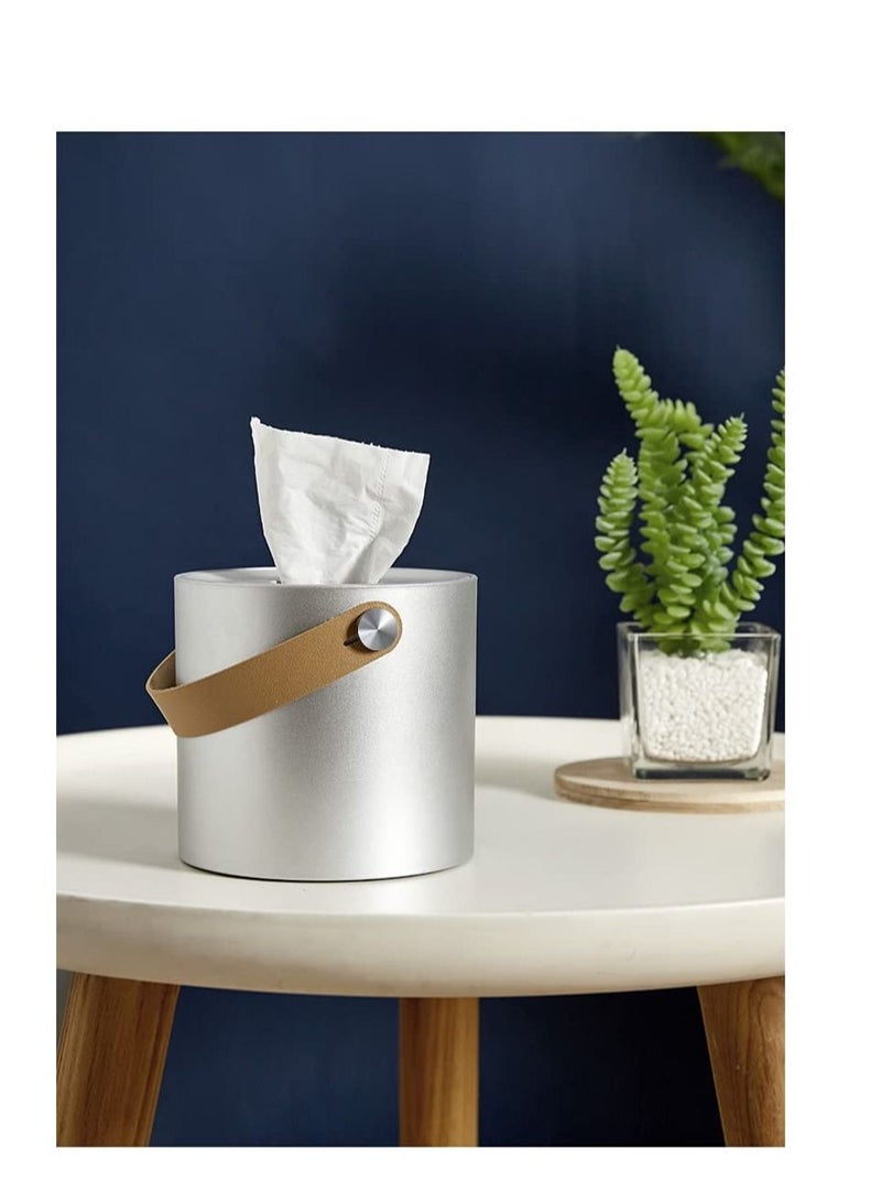 Tissue Box Holder Tissue Dispenser Modern Round Plastic Box Cover Napkin Organizer with Leather Handles for Bathroom Vanity Tops Dressers Bedside Tables Desks and Tables Silver