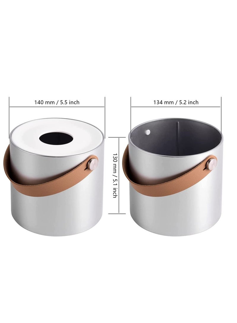 Tissue Box Holder Tissue Dispenser Modern Round Plastic Box Cover Napkin Organizer with Leather Handles for Bathroom Vanity Tops Dressers Bedside Tables Desks and Tables Silver