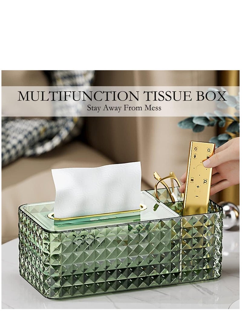 Tissue Box Holder & Desk Organizer, Exquisite Clear Tissue Box Holders Rectangular, Multifunctional Tissue Box Cover Tissue Paper Box with Storage Box -9.5 * 4.7 * 3.5 Inches(Green)