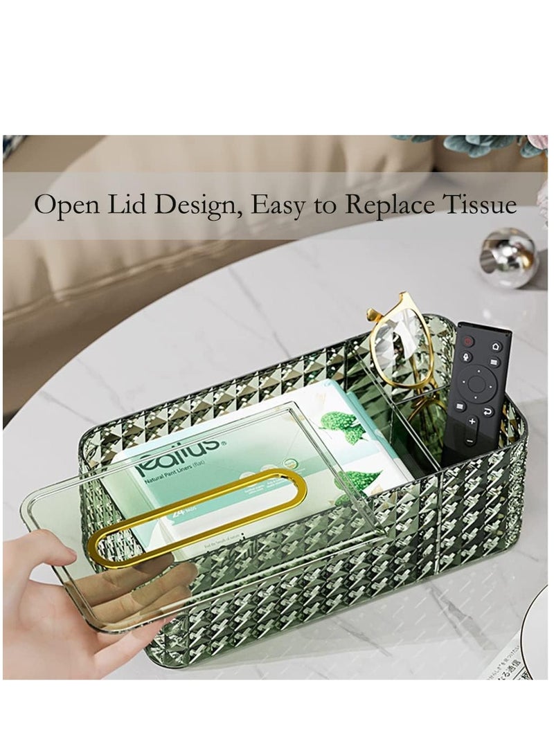 Tissue Box Holder & Desk Organizer, Exquisite Clear Tissue Box Holders Rectangular, Multifunctional Tissue Box Cover Tissue Paper Box with Storage Box -9.5 * 4.7 * 3.5 Inches(Green)