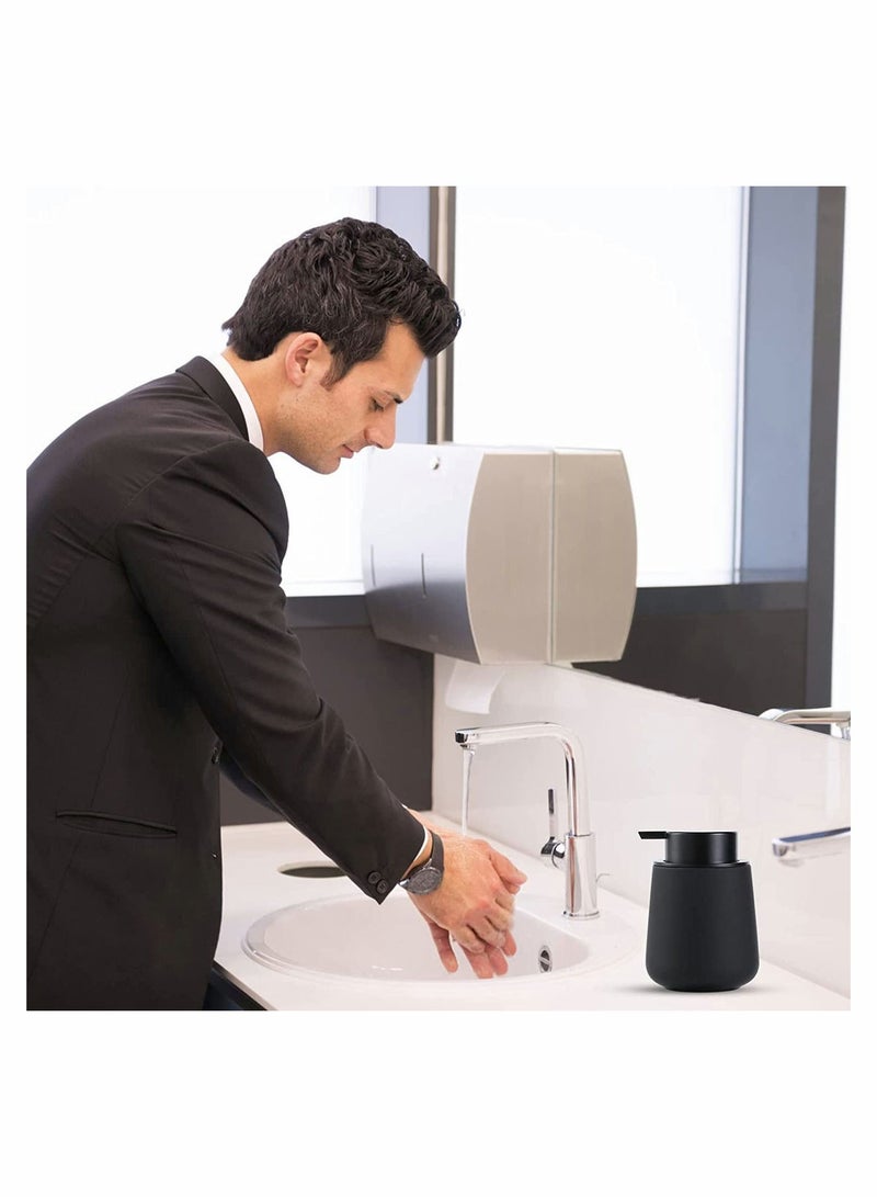 Soap Dispenser Black Ceramic Dish Refillable Liquid Hand Pump Modern Porcelain Handwashing Fluid Bottles 12Oz for Essential Oil Lotion Kitchen Bathroom