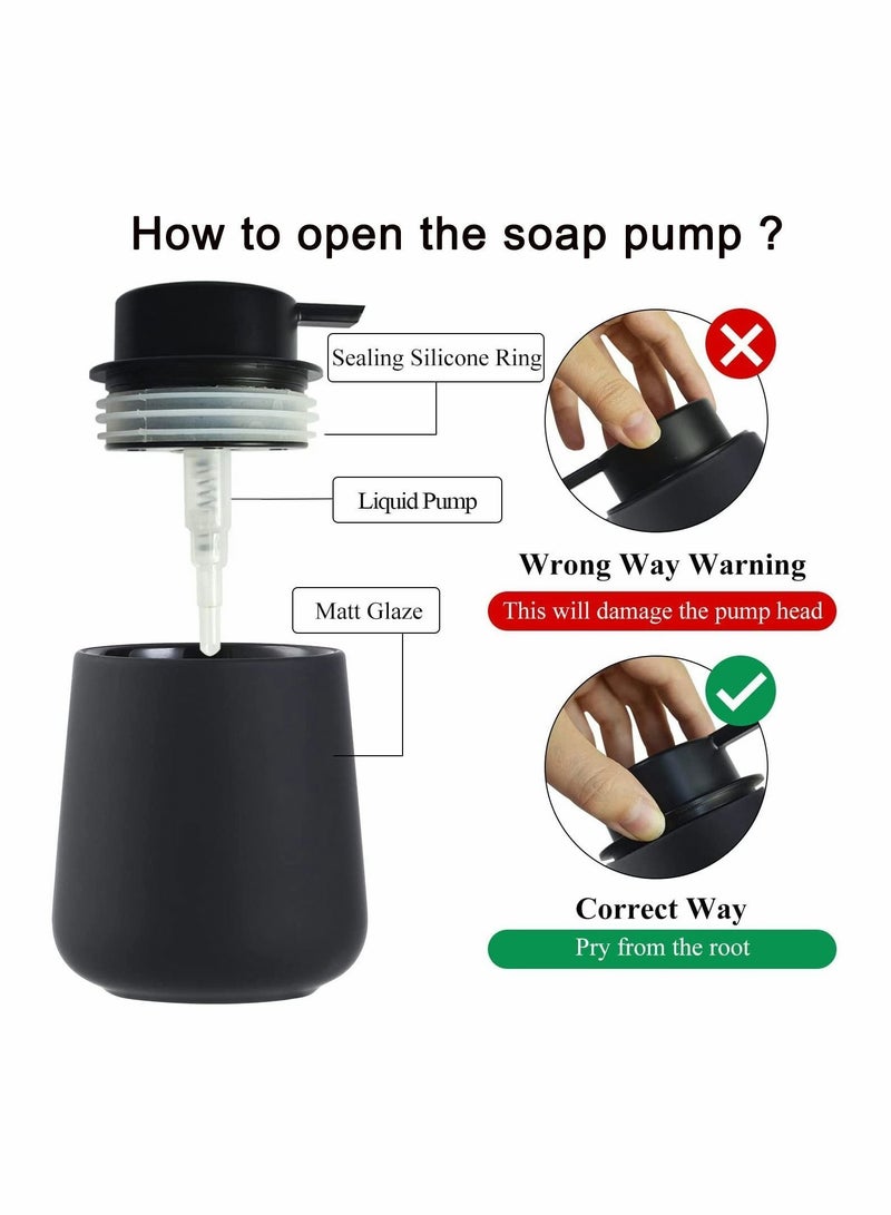 Soap Dispenser Black Ceramic Dish Refillable Liquid Hand Pump Modern Porcelain Handwashing Fluid Bottles 12Oz for Essential Oil Lotion Kitchen Bathroom