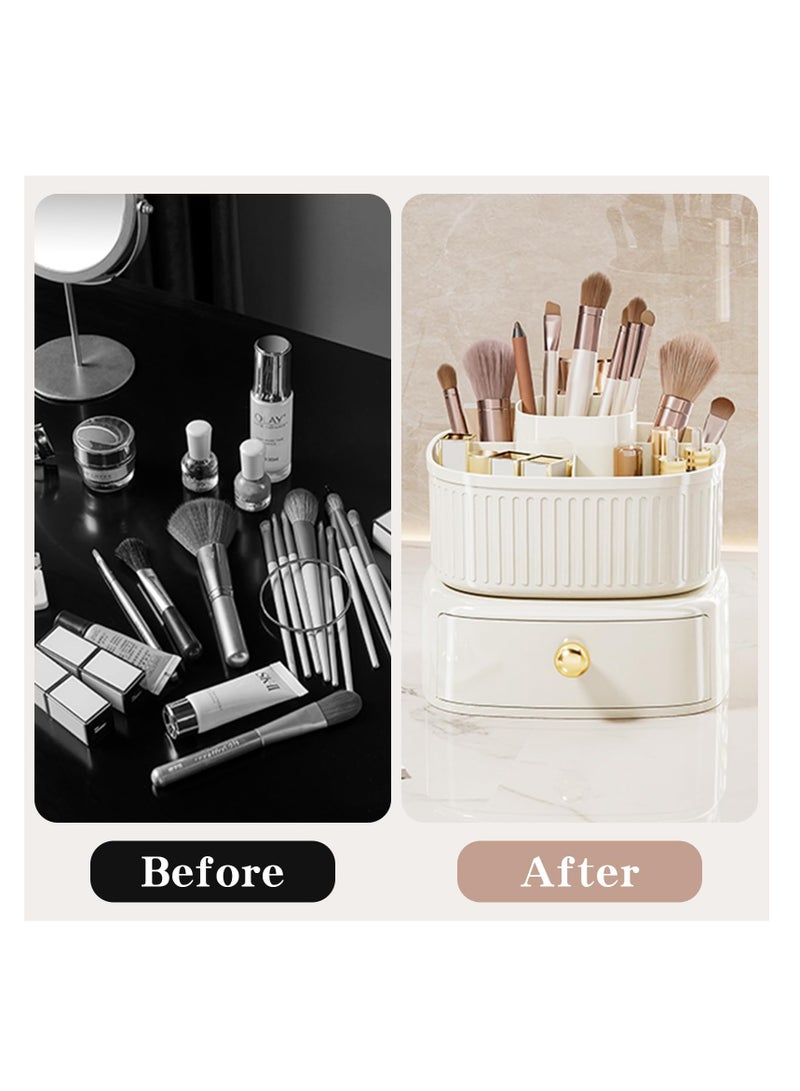 360° Rotating Makeup Brush Holder with Drawer - Vanity Organizer for Skincare and Makeup Storage - Elegant Ivory Cosmetic Organizer