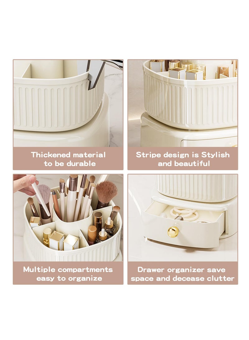 360° Rotating Makeup Brush Holder with Drawer - Vanity Organizer for Skincare and Makeup Storage - Elegant Ivory Cosmetic Organizer