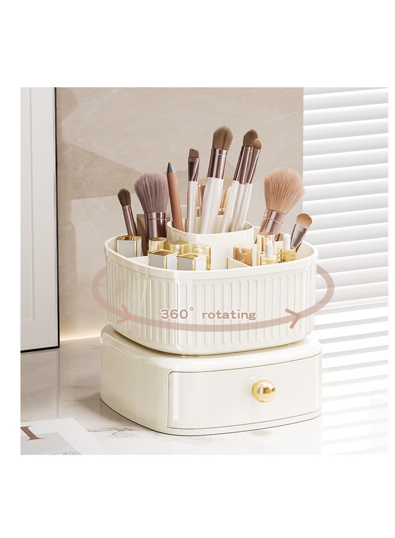 360° Rotating Makeup Brush Holder with Drawer - Vanity Organizer for Skincare and Makeup Storage - Elegant Ivory Cosmetic Organizer