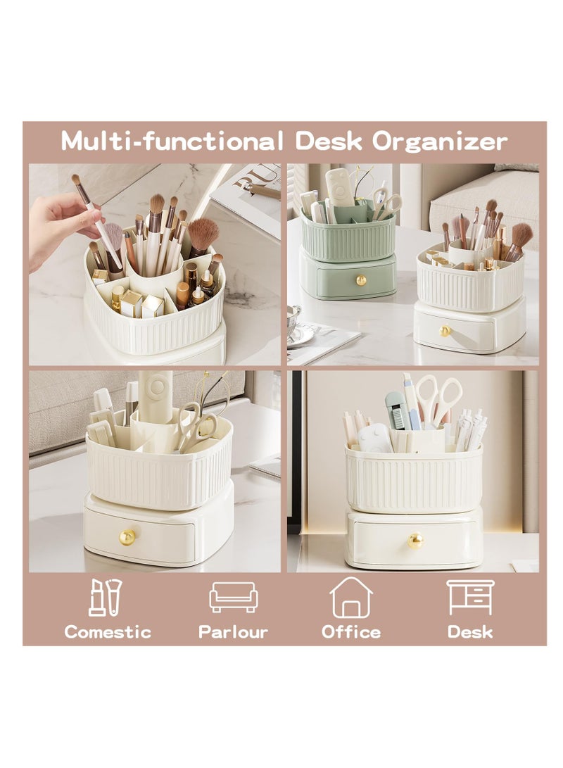 360° Rotating Makeup Brush Holder with Drawer - Vanity Organizer for Skincare and Makeup Storage - Elegant Ivory Cosmetic Organizer