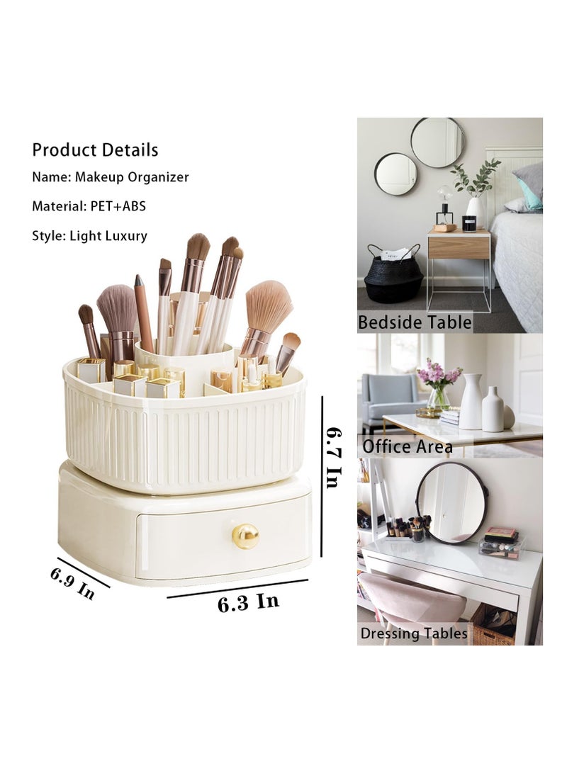 360° Rotating Makeup Brush Holder with Drawer - Vanity Organizer for Skincare and Makeup Storage - Elegant Ivory Cosmetic Organizer