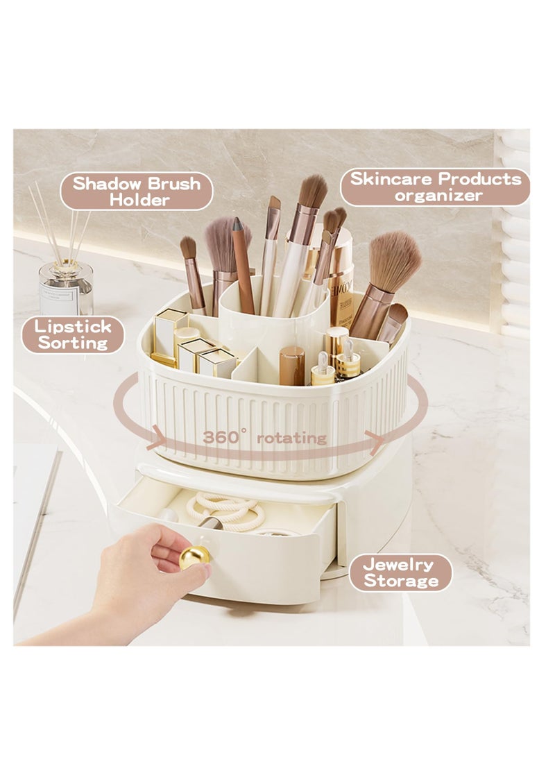 360° Rotating Makeup Brush Holder with Drawer - Vanity Organizer for Skincare and Makeup Storage - Elegant Ivory Cosmetic Organizer