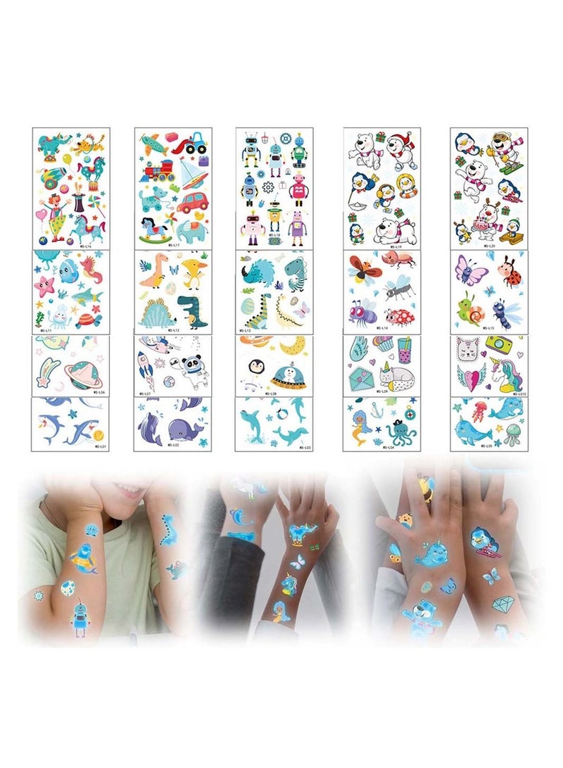 20 Pcs Luminous Temporary Tattoos Fake Tattoo Stickers Cute Dinosaur Mermaid Under Sea Cartoon Blue Birthday Decorations Party Favors Supplies for Boys and Girls