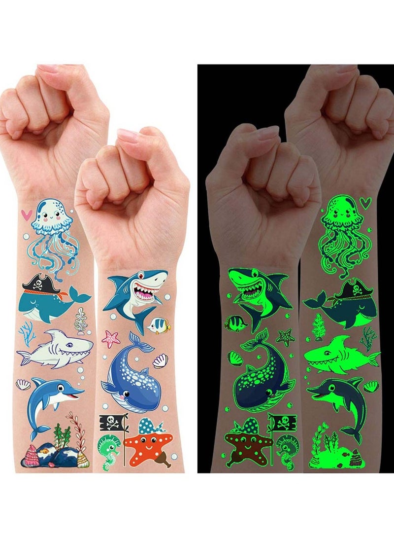 Luminous Shark Temporary Tattoos Glow Birthday Decorations Party Favors Supplies for Boys and Girls Ocean Under the Sea Fake Tattoo Stickers Gifts Kids 10 Pcs