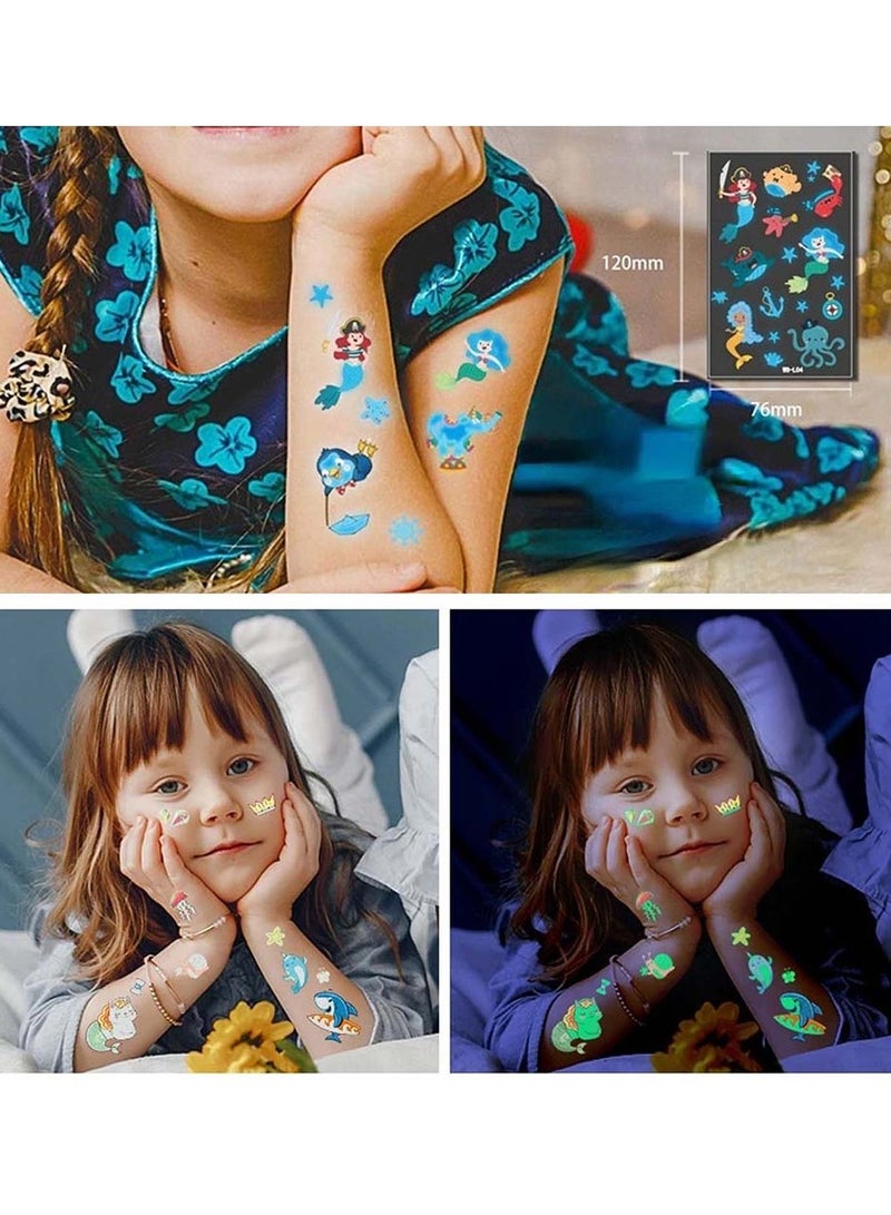 20 Pcs Luminous Temporary Tattoos Fake Tattoo Stickers Cute Dinosaur Mermaid Under Sea Cartoon Blue Birthday Decorations Party Favors Supplies for Boys and Girls