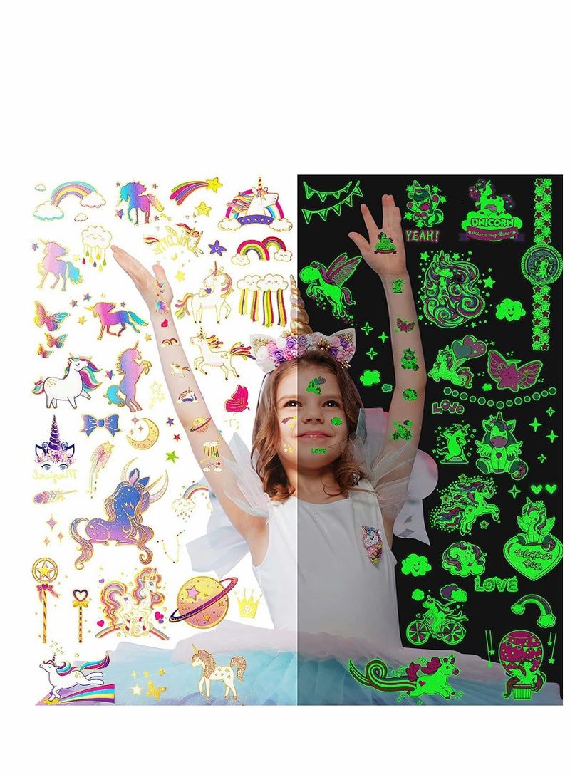 Unicorn Temporary Tattoos, Unicorn Tattoos Stickers, Fake Girl's Colourful Luminous Temporary Unicorn Tattoo Glow in the Dark for Girl Kid Unicorn Birthday Decoration, 8 Sheets(4 flashes + 4 luminous)