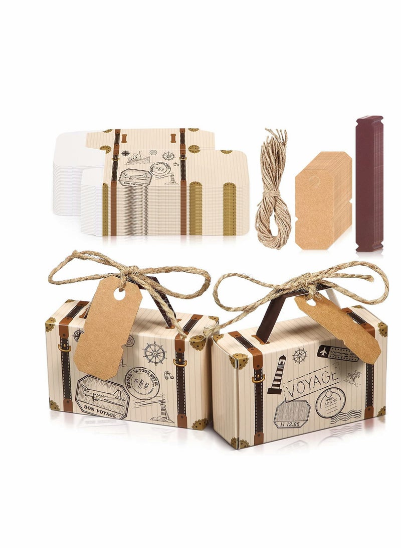 Small Candy Boxes 50pcs Travel Suitcase Favor Boxes with Burlap T Mini Vintage Kraft Candy Favor Boxes Gift Bags for Wedding Bridal Shower Travel Theme Party Supplies Party Rustic Candy Boxes