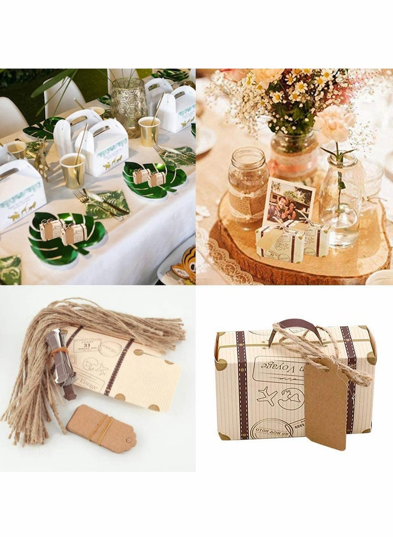 Small Candy Boxes 50pcs Travel Suitcase Favor Boxes with Burlap T Mini Vintage Kraft Candy Favor Boxes Gift Bags for Wedding Bridal Shower Travel Theme Party Supplies Party Rustic Candy Boxes