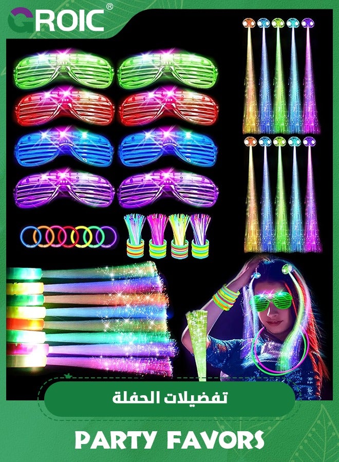 126 PCS Glow in the Dark Party Supplies, 8 PCS Glow Fiber Optic Wands, 8 PCS LED Glasses, 100 PCS Glow Sticks and 10 PCS LED Hair Clips Fiber Optic for Glow Party, Wedding, Concert, Birthday